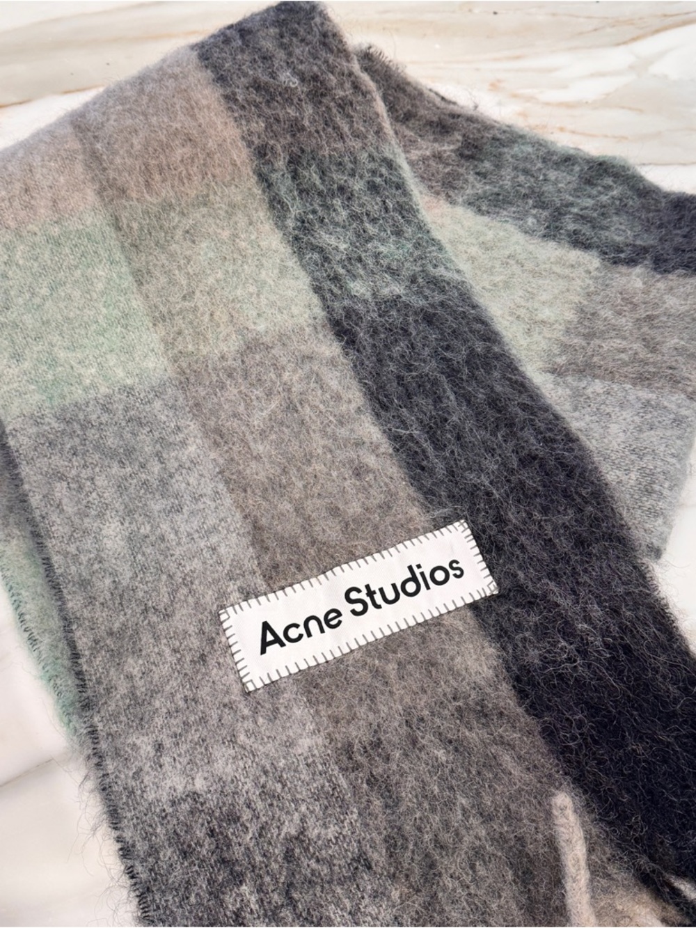 Acne Wool Blend Scarf in Gray, Charcoal and Mint Check